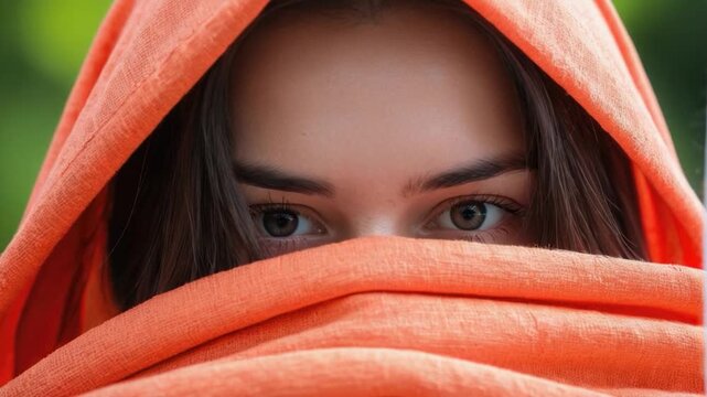 Close-up shot of a person wearing a towel over their head, possibly for modesty or to hide identity