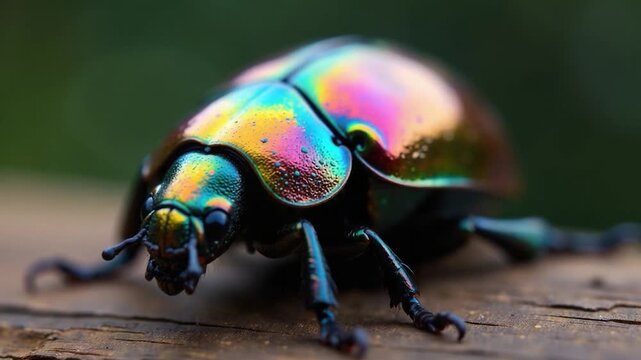 A vibrant beetle perches on a wooden board, featuring bright colors and intricate details