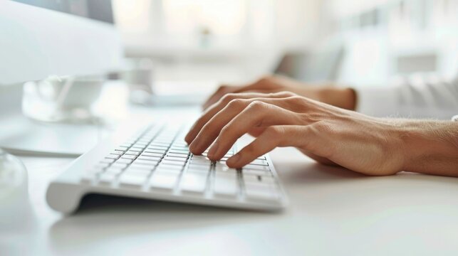 Detailed close up capturing human hands actively typing on a clean white keyboard emphasizing focus and interaction with technology in a bright modern office setting