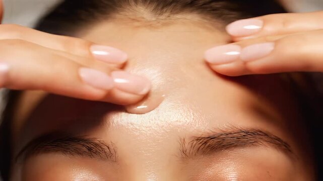 Woman applies moisturizer cream to forehead face in close-up studio portrait