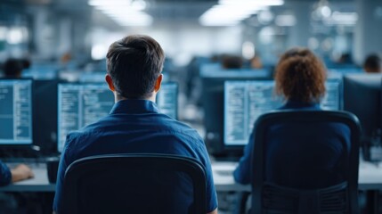 Fototapeta premium View from behind of two employees working intensely at their computer stations in a contemporary office with screens showing code or data highlighting teamwork and technological advancement