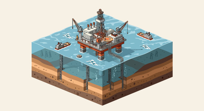 Isometric Offshore Oil Rig Drilling Platform in Ocean.