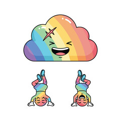 Cartoon cloud and people doing handstands with rainbow colors and copy space