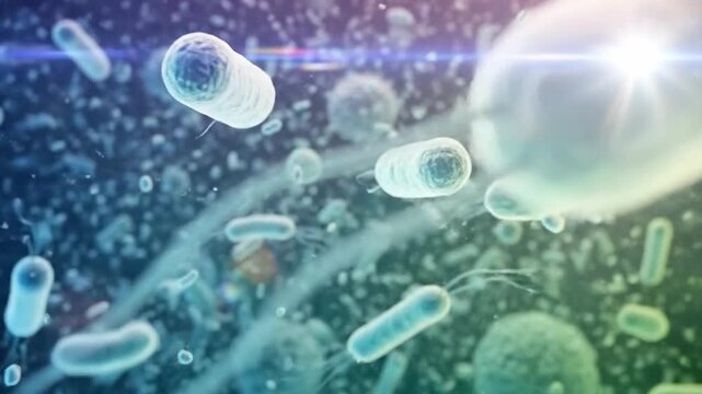 Numerous microscopic bacteria are floating around in a colorful liquid environment.