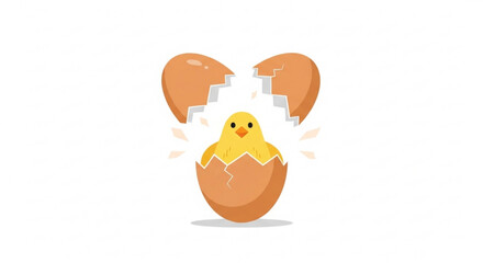 Cute yellow chick emerging from cracked brown eggshell with white background symbolizing new life and growth