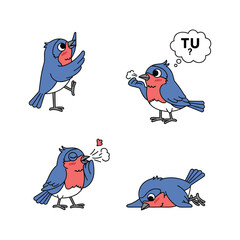Cartoon bluebird expressing emotions and thoughts with copy space