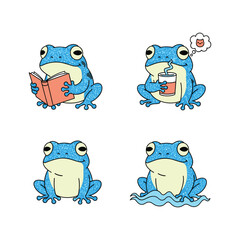 Cartoon frog character in various relaxing activities with thought bubble