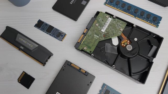 Sarajevo, Bosnia and Herzegovina &ndash; February 14, 2026 &ndash; Hard disk drive with visible platters surrounded by RAM and SSD modules