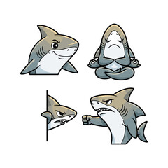 Cartoon shark characters in various emotions and poses on white background