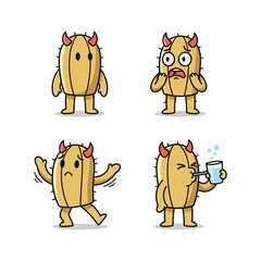 Cartoon corn character expressing different emotions with red horns and a coffee cup