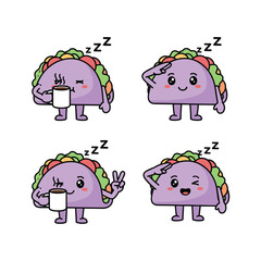 Cute cartoon tacos sleeping and drinking coffee with happy expressions