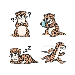 Cartoon leopard experiencing daily routine with confusion, coffee, relaxation, and running on white background