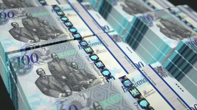 Botswana pula Botswanan money pack loop 3d animation. Loopable seamless concept of finance, cash, economy, business and bank. Camera moving over 100 BWP banknote bundle stacks.