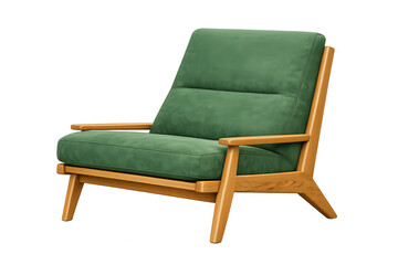 Green velvet mid-century modern armchair with wooden frame on transparent background, retro home furniture element