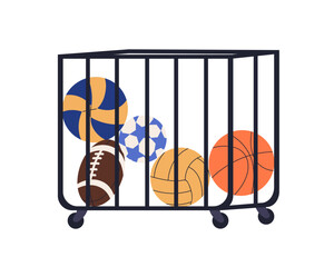 Fototapeta premium Sports balls storage cart. Rolling trolley rack with different PT gym equipment for basketball, soccer, volleyball, football and rugby games. Flat vector illustration isolated on white background