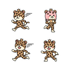 Cute cartoon leopard characters running and posing in various funny poses with crowns