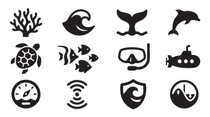 Fototapeta premium Ocean marine life icon collection. Includes coral, sea turtle, fish, whale, dolphin, submarine, and eco symbols. Created in minimalist style with black silhouette.