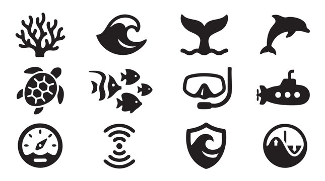 Ocean marine life icon collection. Includes coral, sea turtle, fish, whale, dolphin, submarine, and eco symbols. Created in minimalist style with black silhouette.