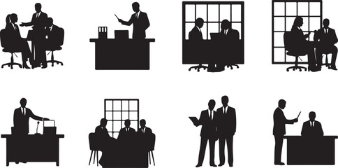 Business Meeting Silhouettes Showing Collaboration and Presentation Isolated on white background