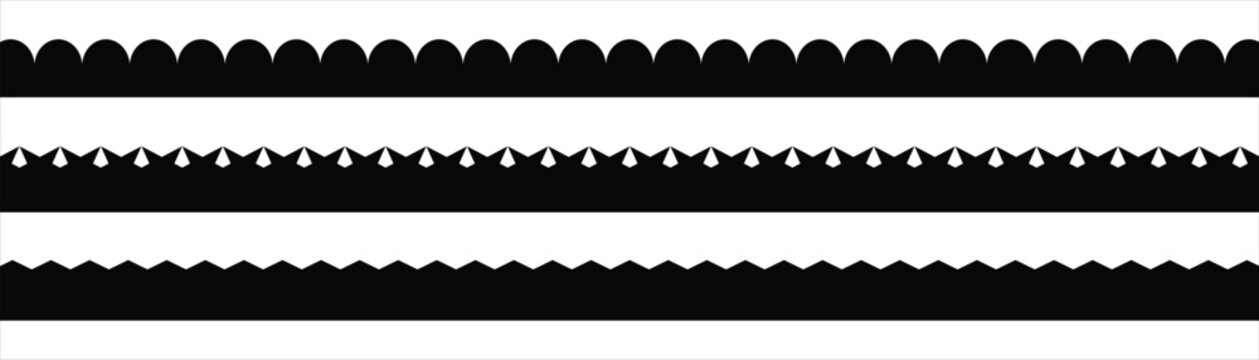 Scalloped edge seamless set. border and dividers. Simple scalloped border. Texture ribbons. Vector illustration. isolated on white background