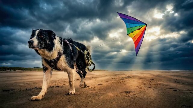 Border collie dog pulling a rainbow kite across a sandy beach under large, dramatic storm clouds for fun outdoor activity