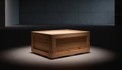 Wooden shipping crate receiving light in dark room