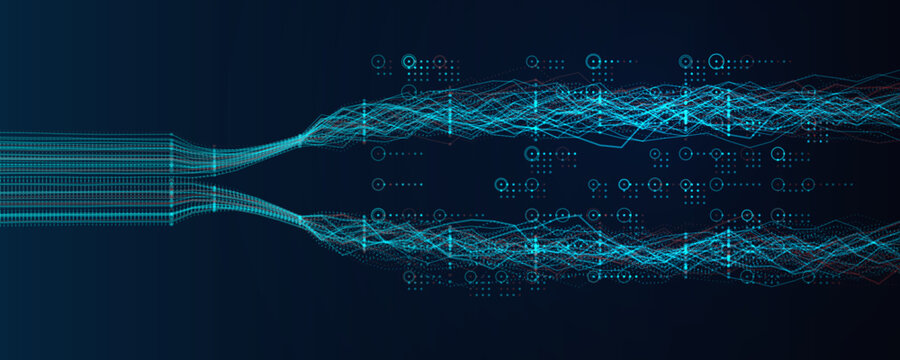 AI Data Flow Energy Lines, Code Information Streams. Neural Network Communication Signals. Bio Science and Digital Bifurcation Transformation Technology Abstract Energy Concept. Vector Illustration