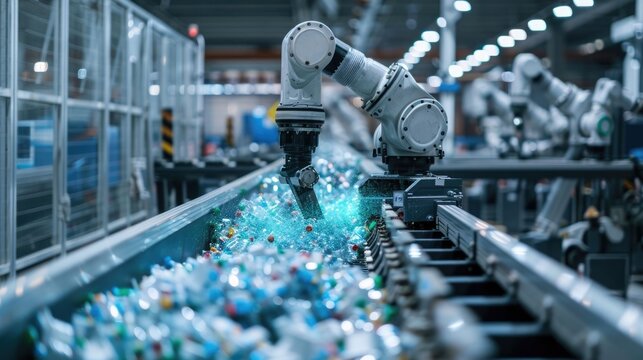 Advanced robotic arms precisely handle and sort vast quantities of plastic bottles moving along a high tech conveyor belt system in a clean industrial recycling plant