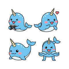 Cute cartoon narwhals with different expressions and actions © Designer Orchi