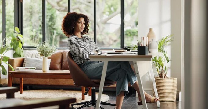 Remote work from home, laptop and woman with arms crossed, finished project and achievement. Apartment, person and freelancer in lounge, pc and completed assignment for magazine submission or pride