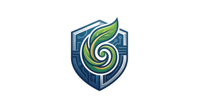 Green Shield Emblem: A modern shield logo intertwines nature's beauty with technological innovation, featuring a spiraling green leaf and circuit board elements to convey security and sustainability.