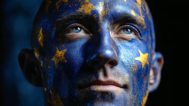Close-up of faceless person's face with blue paint and yellow stars, unity or identity symbolism, artistic expression, with copy space