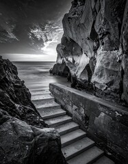Grayscale seascape with stone steps descending to ocean, framed by dramatic rock formations under a cloudy sky