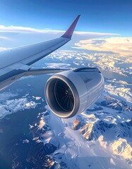 Airplane wing and engine in flight over snowy mountains under a sunny sky with fluffy clouds
