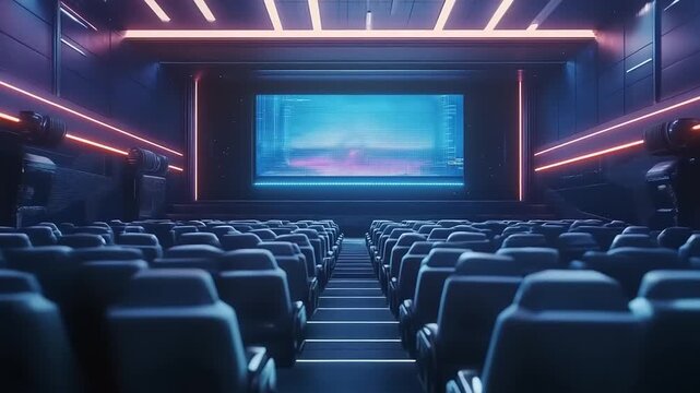 Empty Modern Cinema Theater with Rows of Seats and Large Screen.