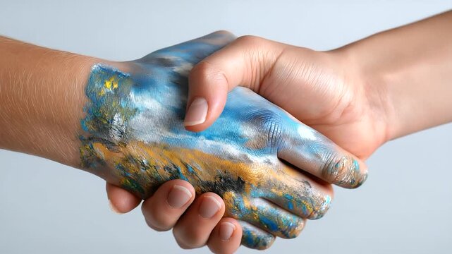 Faceless intercultural business communication handshake with painted landscape, connection hopeful collaboration, unity colorful cooperation, with copy space