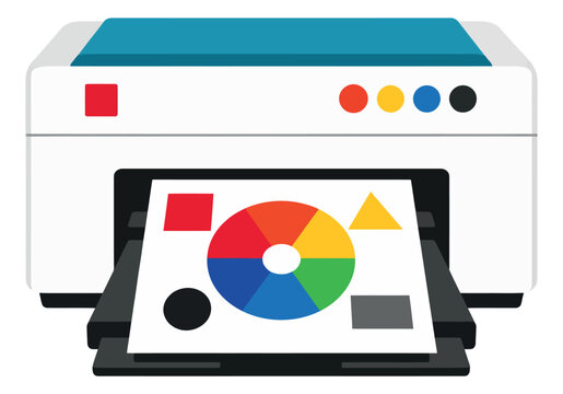 Modern flat design illustration of a printer depicting a color wheel and test shapes on paper for printing and graphic design