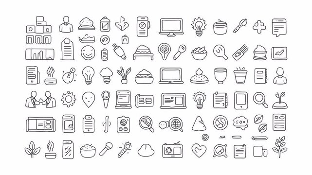 Black marker scribble animation of tech and office symbols. 4K stop motion video with alpha channel on transparent background for overlays.