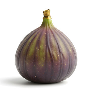 A close-up view of a ripe purple fig with a green stem and a hint of yellow