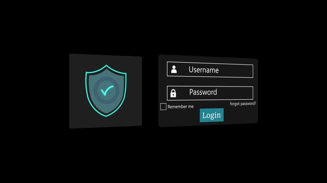 animation Cyber Security Login Interface with Shield Protection Icon, Username and Password Form on Dark Background .