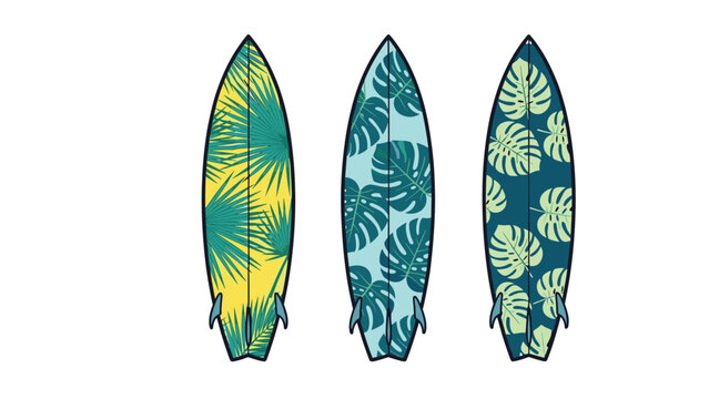 Set of three surfboards with different tropical leaf patterns in green and yellow colors for a summer beach and surfing theme.
