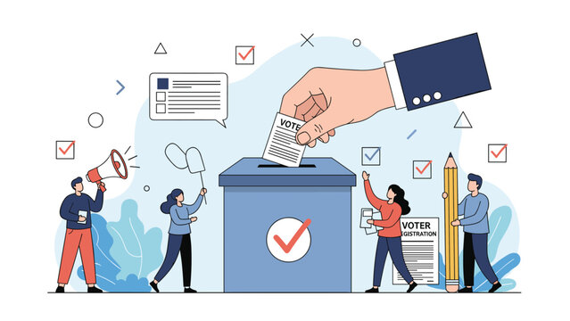Diverse group of people participating in the voting process by casting ballots into a secure box for a democratic election event.