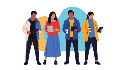 Obraz premium Four diverse professionals stand together while holding digital tablets and coffee cups in front of colorful abstract shapes.