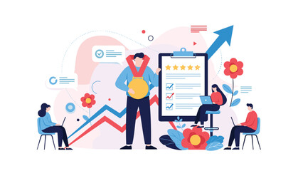 Successful businessman with a gold medal stands beside a five star rating and survey results representing high performance.
