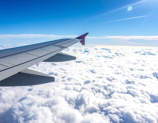 Fototapeta premium Aerial view of airplane wing over a fluffy white cloudscape, blue sky above, sun glare