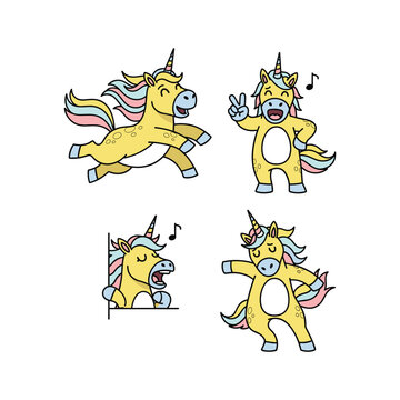 Cartoon unicorns dancing and singing with joyful expressions