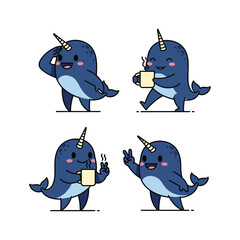 Cartoon narwhal having coffee and waving in different poses on white background © Designer Orchi