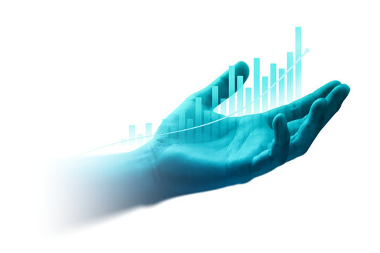 Digital business finance growth graph chart in hand showing success and technology