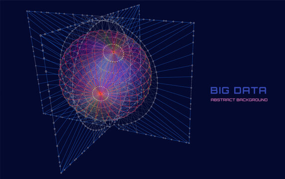Abstract digital 3D sphere from big data in algorithm frames. Quantum computing concept on dark background. Artificial intelligence design. Blockchain from boxes сoncept.