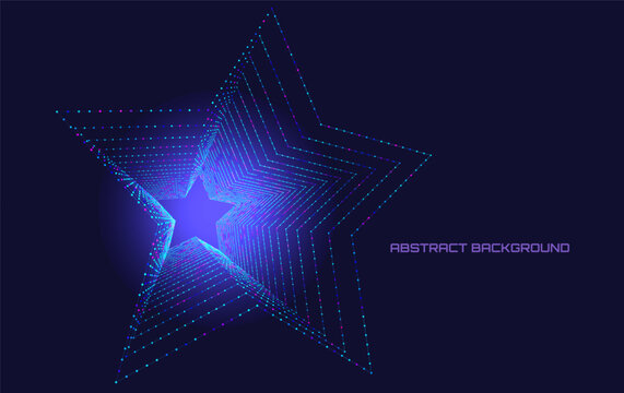 Extrude wireframe shapes star on a dark background. Color grid with thin lines gradient connecting dots. Design element.